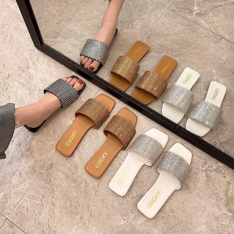 Designer Large Outdoor Slippers 2025 Women's New Fashionable Sandal Summer Fashion One Word Drag Single Item Rheinstone Comfortable Cool Slippers