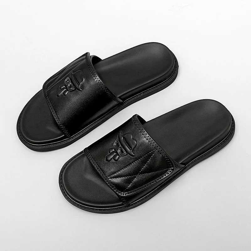 Real leather mens summer slippers outdoor casual shoes indoor slippers luxury brand N-Slip walking beach shoes Y250320