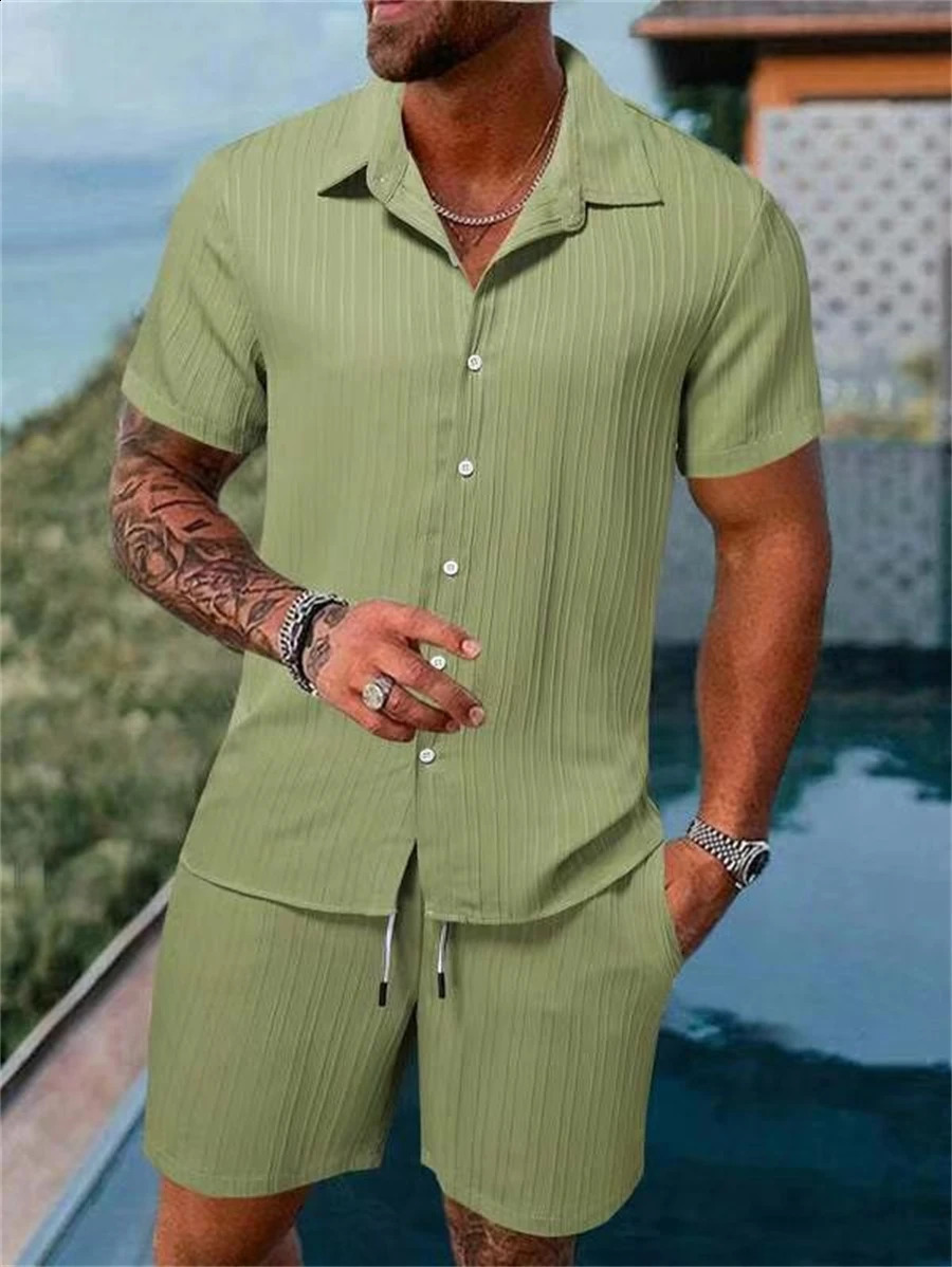 Vintage Men Shirts Sets Summer Solid color Print Beach Short Sleeve Shirt Shorts Casual Mens Hawaiian 2 Piece Oversized Suit 250319