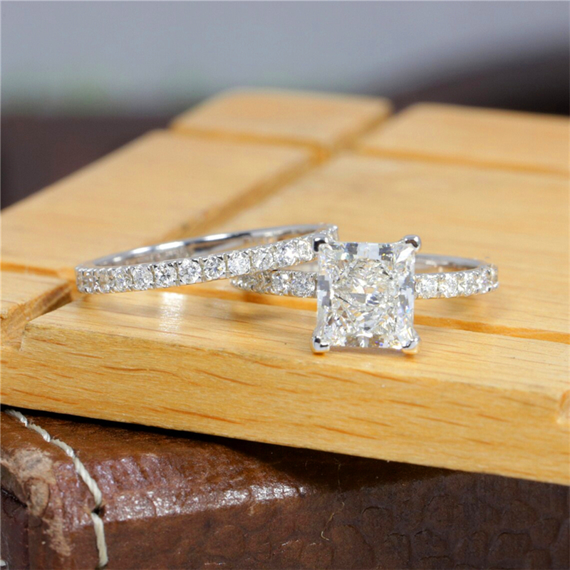 Jewelry 14K White Solid Gold Princess Cut 2.0 Carat Lab Diamond Engagement Ring Set Real Gold Ring Eternity Band For Wedding Gift