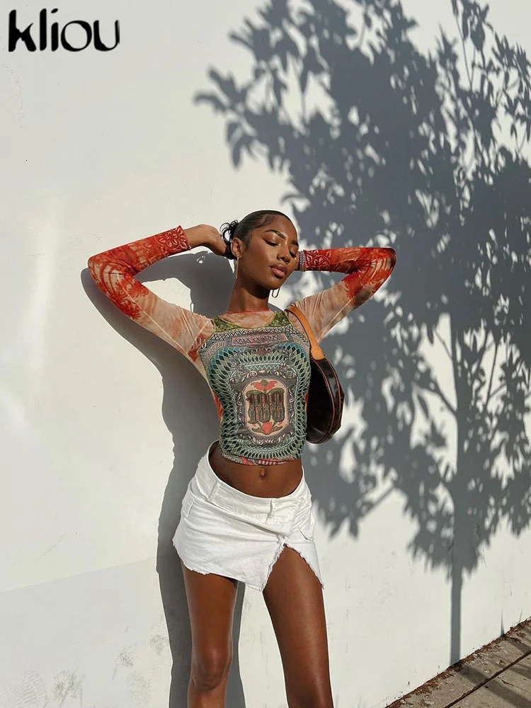 Kliou Mesh Dollar Print Classic T-Shirt Women Casual Aesthetic O-neck Long Sleeve Skinny Tops Hipster Female Gorgeous Attirewear 250320