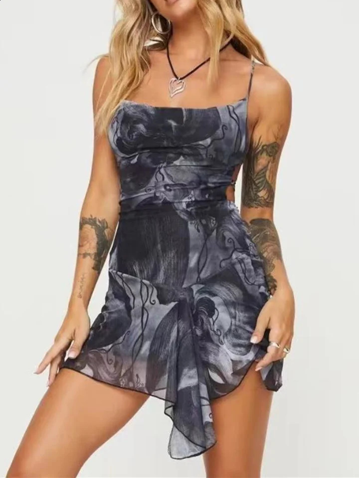 Summer sleeveless A-line dress womens short skirt net sexy spicy girl cross without back irregular print with dress party night 250317