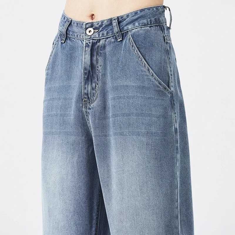 New Lyocell wide pocket jeans for mens fashion Korean straight stretch mens casual denim pantsT250319