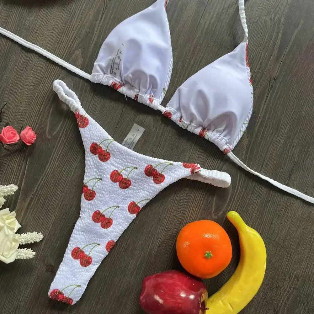 Breathable Swimsuit Leopard Print Halter Bikini Set Cherry Print Thong Swimsuit Sexy High Waist Lace-up Bathing Suit for Women 250319