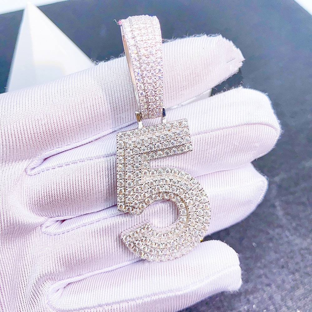 Hiphop Luxcky 0-9 Number Moissanite Pendant 925 Sterling Silver Iced Moissanite Arabic Numerals Pendant White Gold Plated Gift