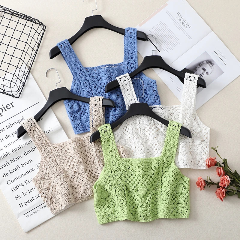Square Collar Cotton Crochet Tank Top Sexy Knitted Hollow Out Mesh Vest Crop Top Women Femme Vintage Backless Short Tops Female 250320