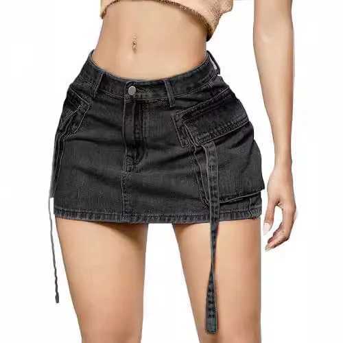 Womens tight fitting casual jeans Ele patchwork denim high waist hip bag A-line pocket summerXJ250320