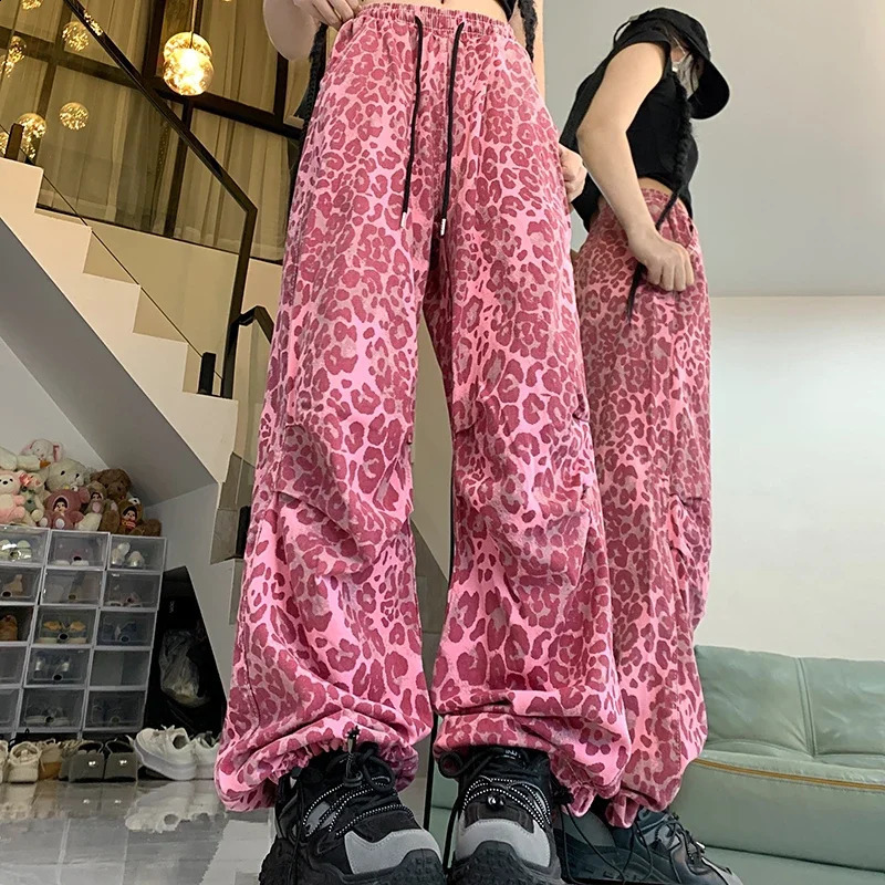 Woman American Streetwear Baggy Y2k Jeans Girls Vintage Harajuku Trousers Female Red Leopard Print Japanese 2000s Wide Leg Pants 250319