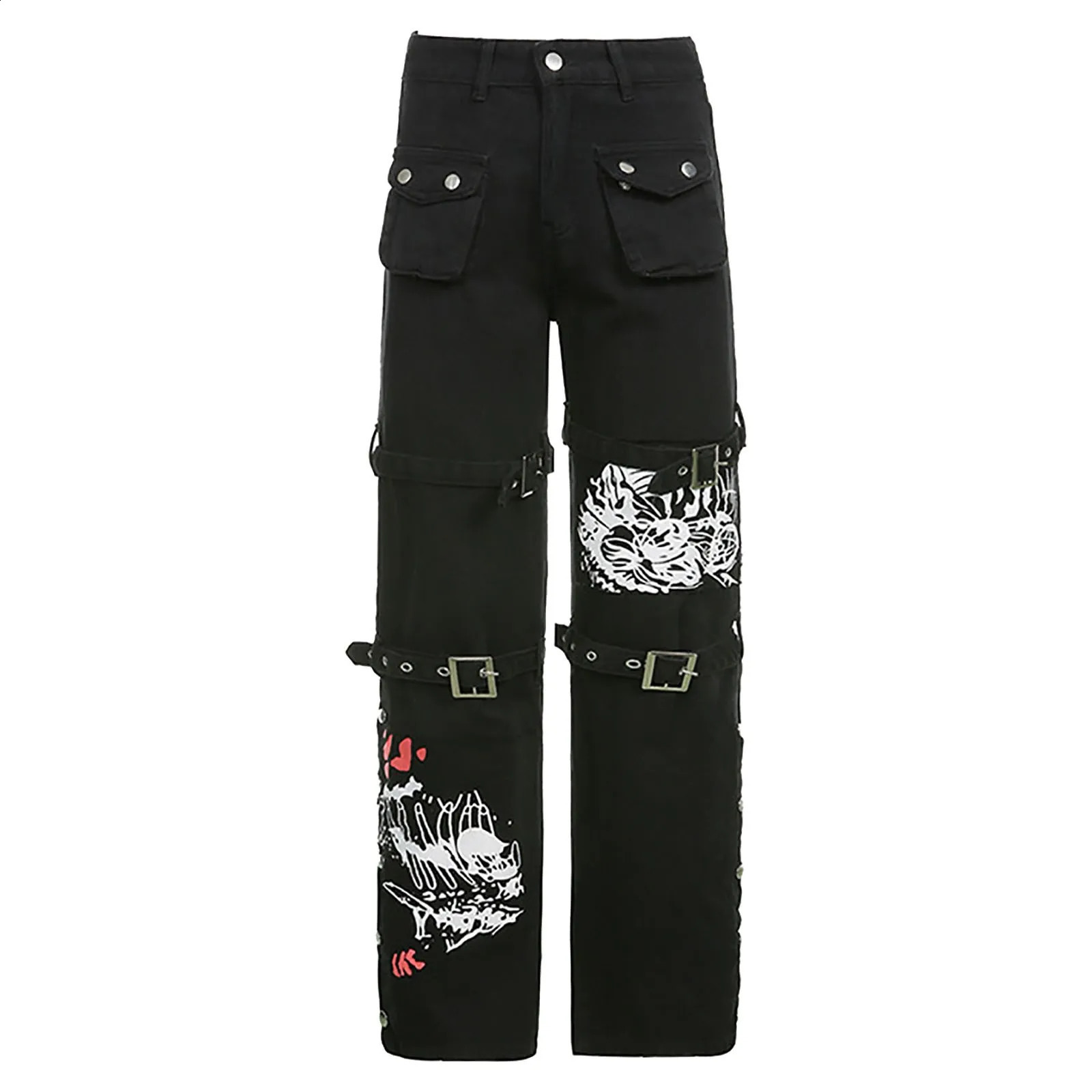 WomenS Trousers Low-Rise Gothic Jeans Street Washed Print Style Cool Loop Pants Retro Hip Hop Wide-Leg Pants Harajuku Fashion 250319