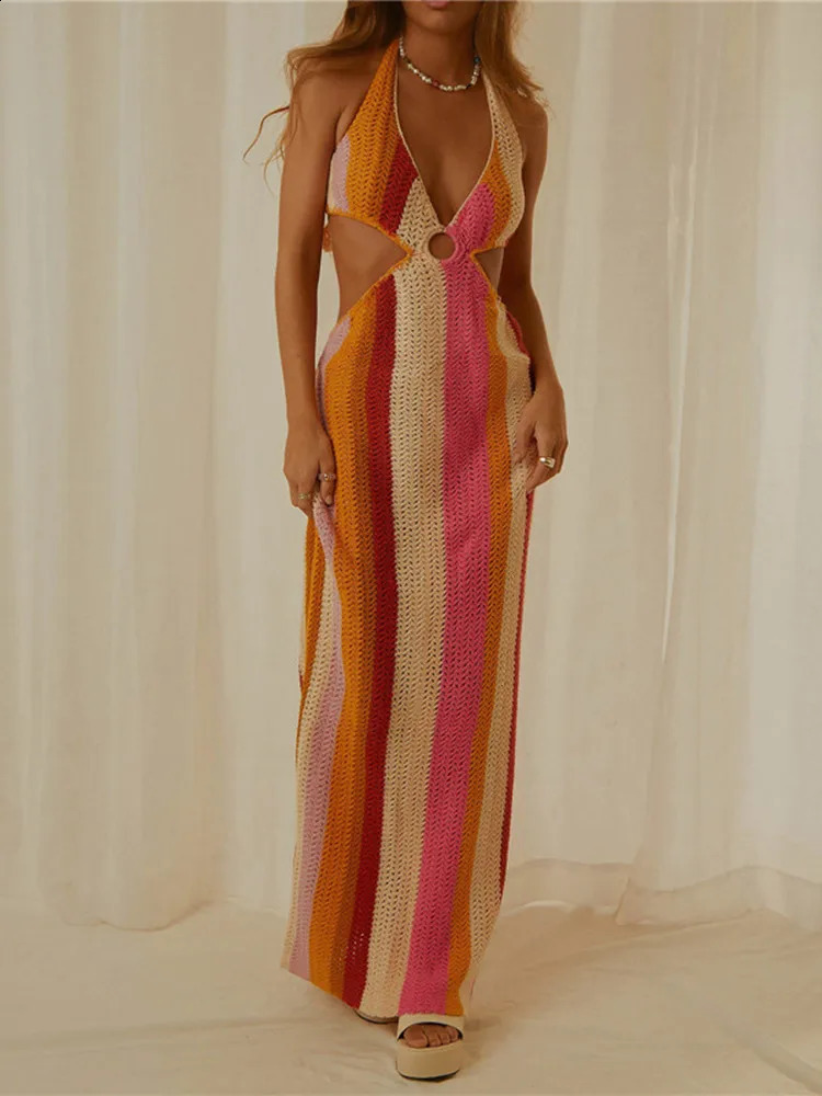 hirigin Women Ribbed Knit Halter Maxi Dress Sleeveless Cutout Knitted Long Dress Crochet Backless Spaghetti Strap Bodycon Dress 250319
