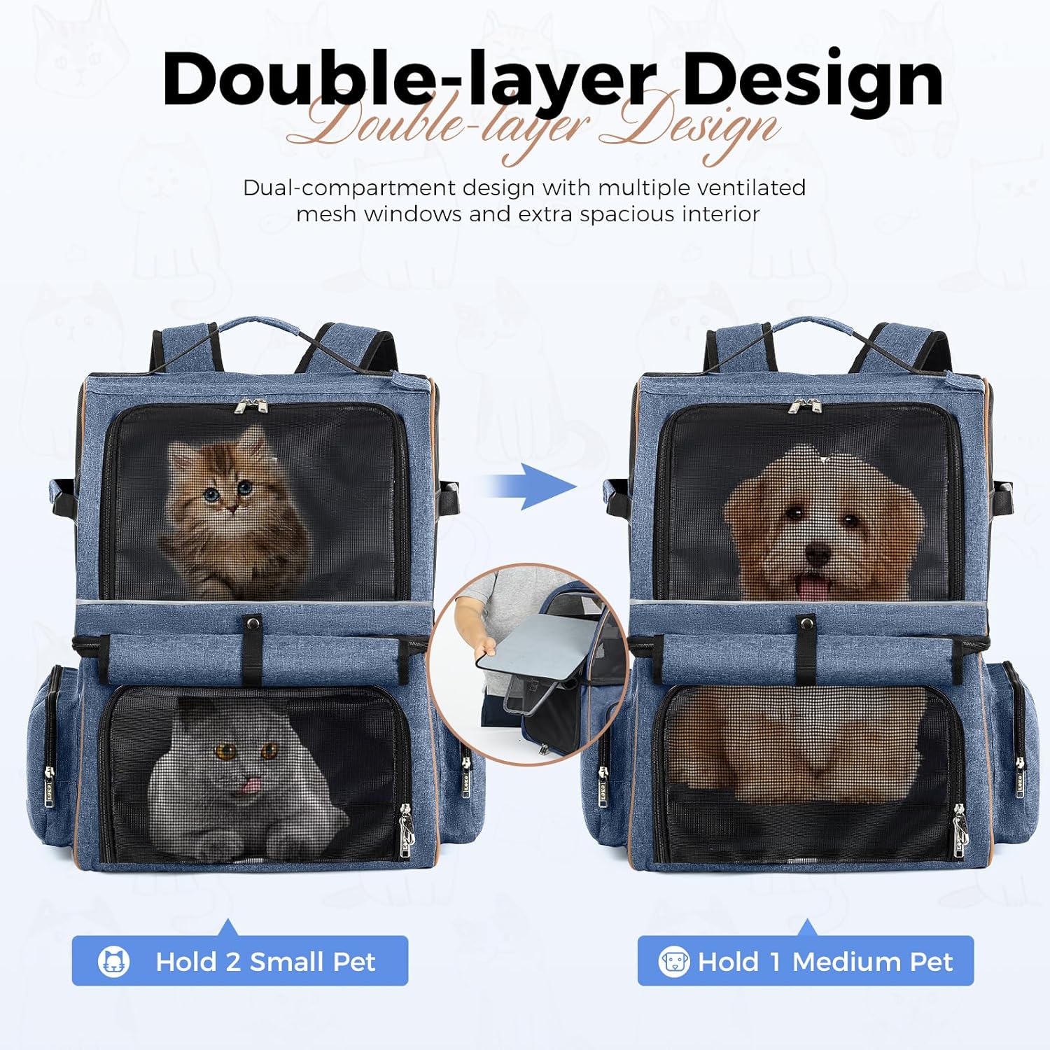 Double Layer Cat Backpack for 2 Cats Large Cats Transport Backpack Dog Backpack Foldable Pet Backpack for Cats Dogs up to 11 kg - Grey