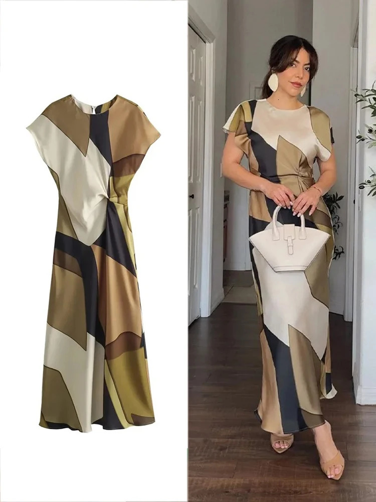TARFZA Womens Printed O Neck Short Sleeve Waist Dress Summer Button Pleated Long Dress Casual Elegant Satin Party Midi Dresses 250320