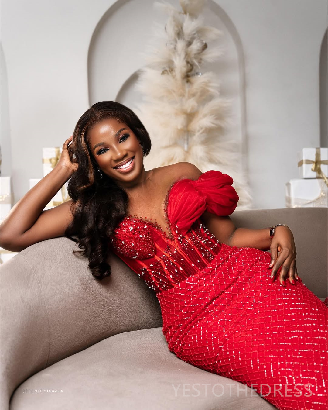Plus Size Aso Ebi Red Prom Dresses 2025 Mermaid Prom Dress For Special Occasions Sheer Neck Short Sleeves Flora Beaded Lace Birthday Second Reception 