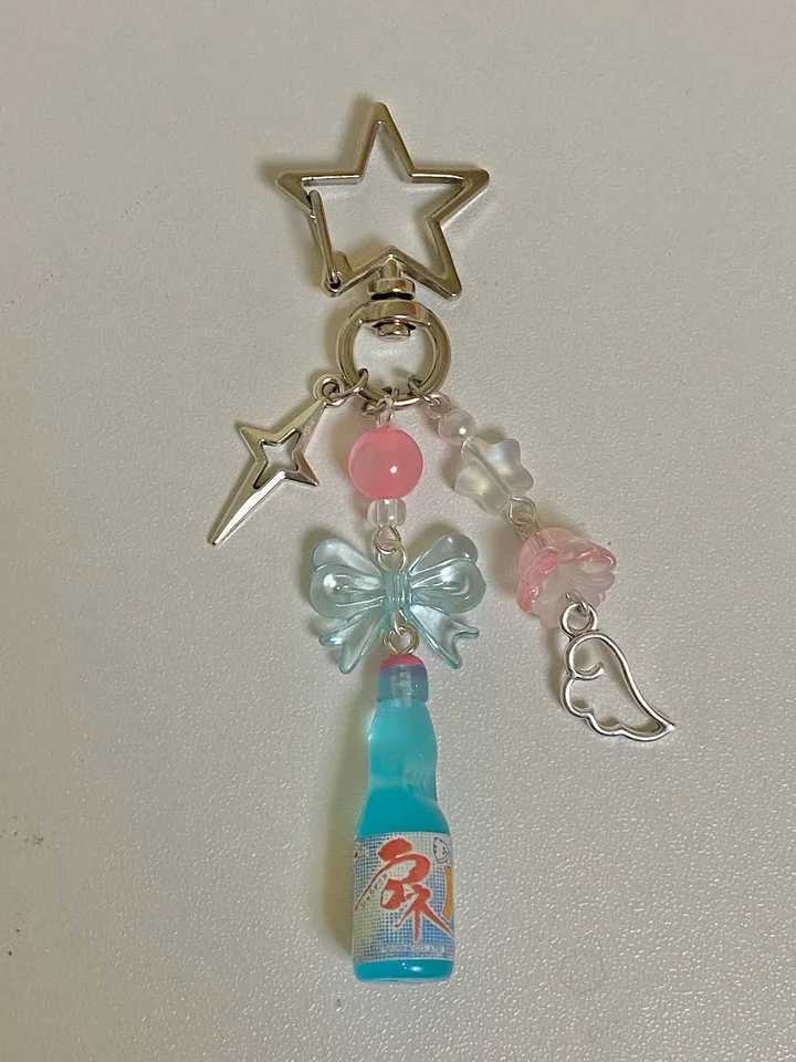 aesthetic y2k beaded pink teal japanese ramune soda star keychainXJ250319