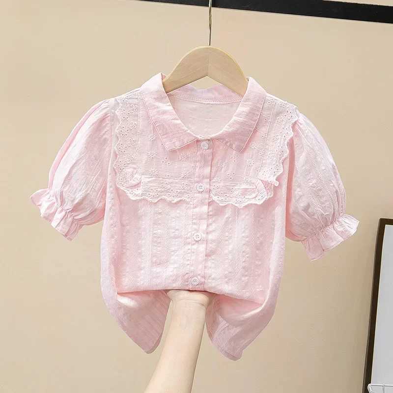 Baby girl clothing toddler shirt sweet collar short sleeved spring girl shirt solid color cotton top 2-12 years oldT250320