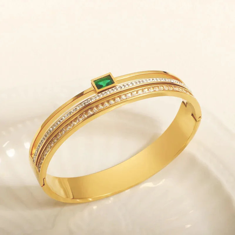 CARLIDANA High Quality Green White Rhinestone Deluxe Wide Bracelet Stainless Steel Waterproof for Women Bangle Party Jewelry 250320
