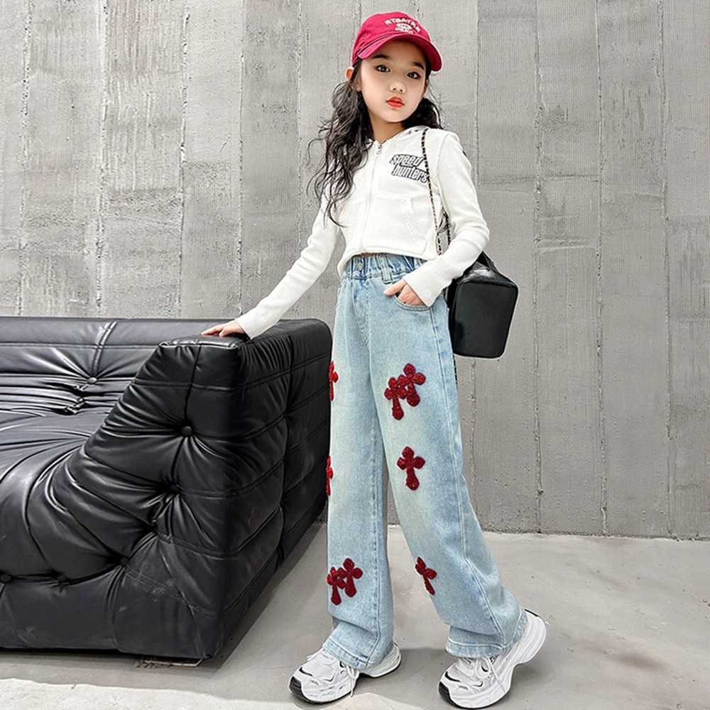 Spring Autumn Teenage Girls Jeans Child Towel Embroidered Wide Leg Long Pants Baggy Denim Trousers for Kids 6 8 10 12 14YrsT250326