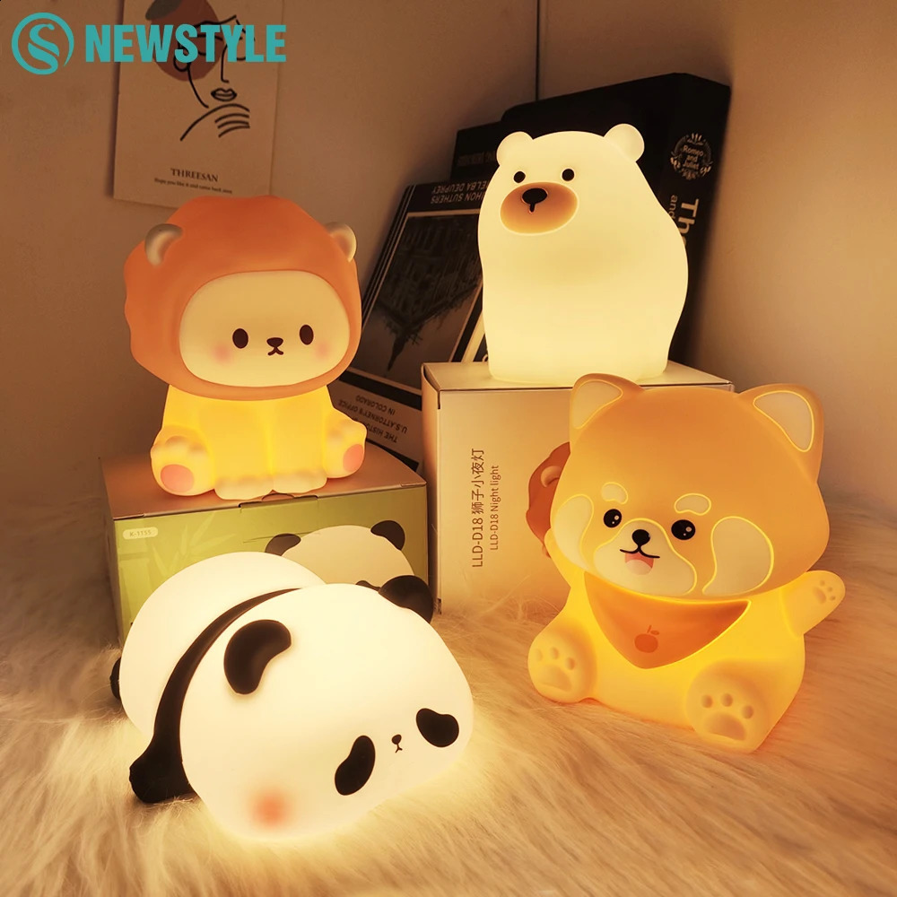 Cute Panda LED Night Lights Lion Silicone Sleeping Lamp USB Rechargeable Timing Bedside Baby Nightlights For Birthday Gift 250319