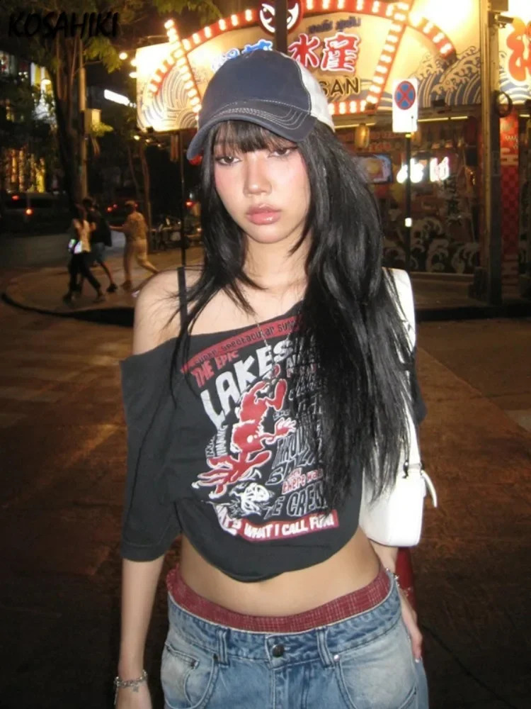 Gothic Tee Y2k Letter Print Off Shoulder Punk T-shirts Women Harajuku Summer Streetwear Grunge T Shirt Aesthetic Sexy Crop Tops 250319