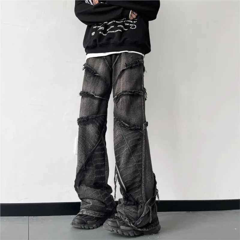 Striped fringe torn jeans mens fashion wide leg hip-hop lazy style jeans couple retro loose jeans mens denim jeansT250319