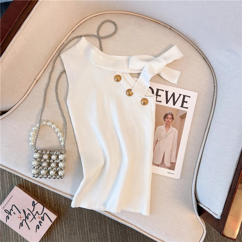Elastic Knitted Top Women Y2K Tank Top One Shoulder Vest Female Sleeveless Sweater Chic Cut Out Streetwear Solid Skinny Tube Top 250320