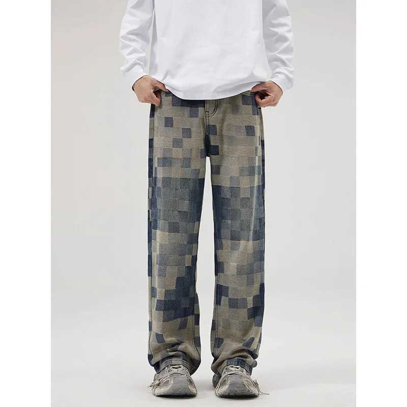 Mens jeans casual bag mosaic blue autumn and winter American style street fashion straight wide leg oversized TrouserT250319