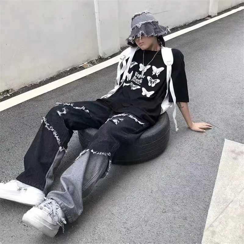 Korean fashion ripped jeans pants mens ripped hole Trouser casual soft fashion formal pockets straight denim TrouserT250319