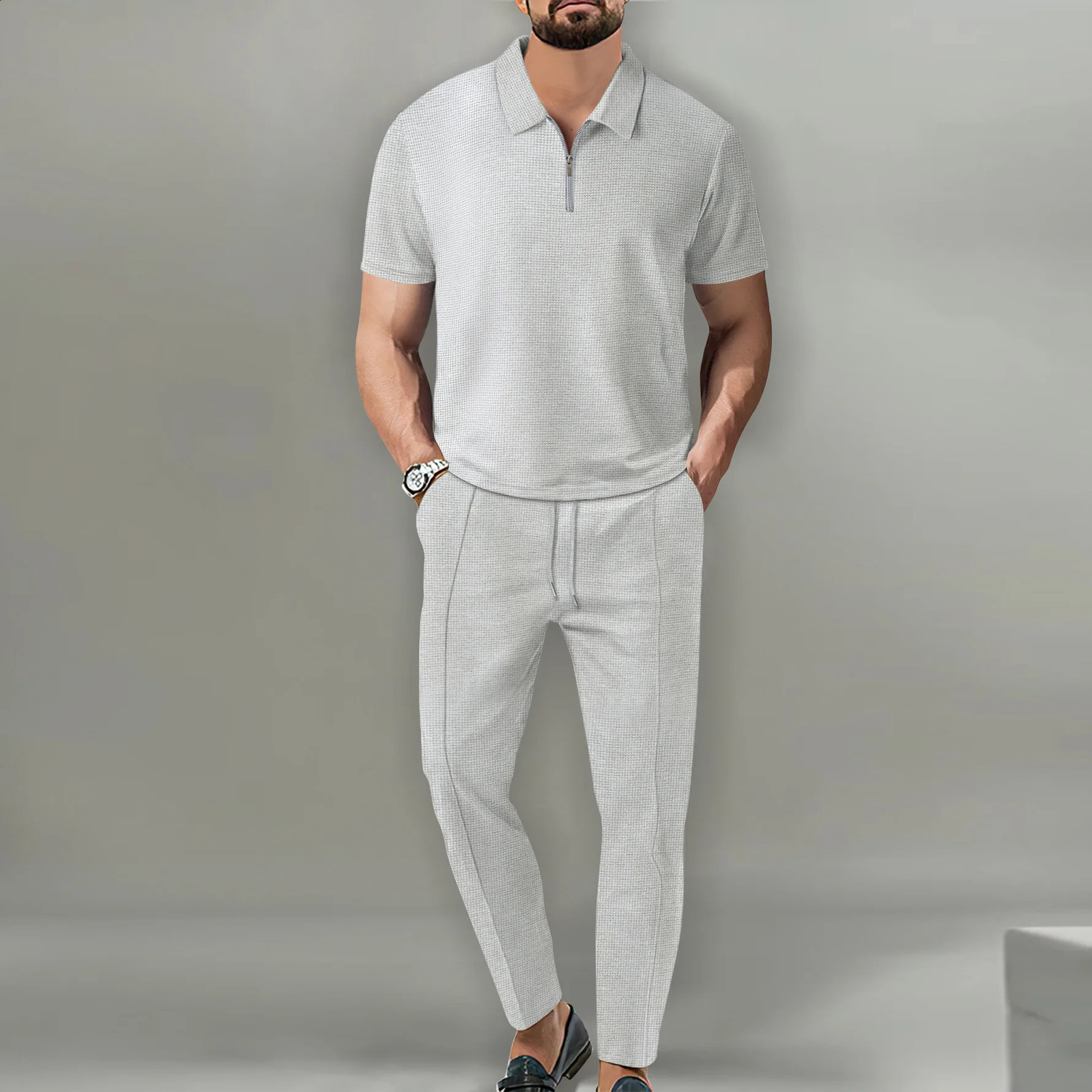 mens polo shirts 2 sets of casual and fashionable commercial breathable lapels pants drawstring solid color mens 2 sets 250318
