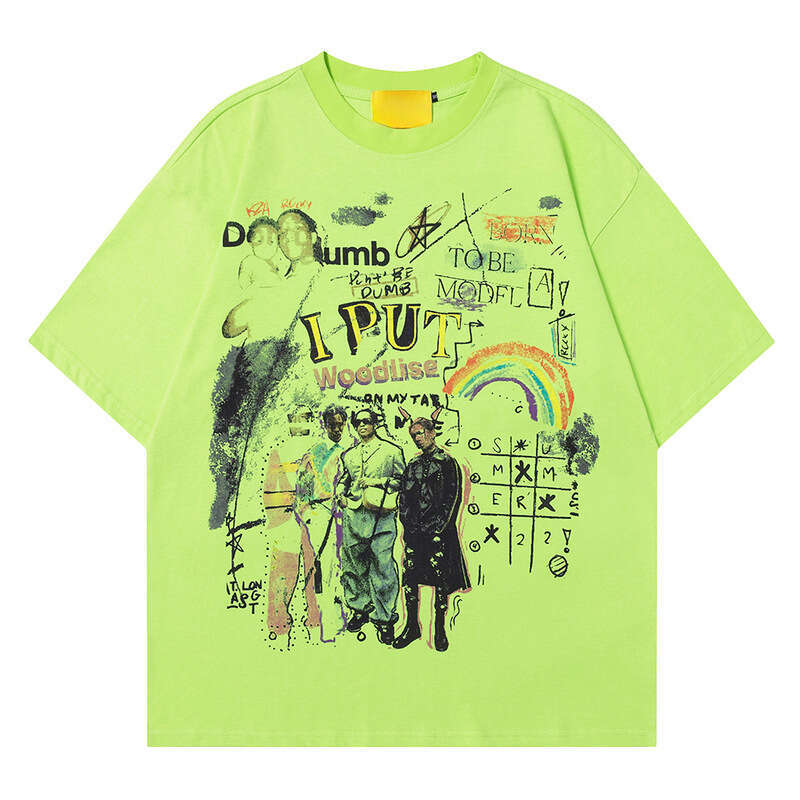 Fun graffiti rainbow hand-painted insoversize short sleeved T-shirt for men with American style design, loose half sleeves