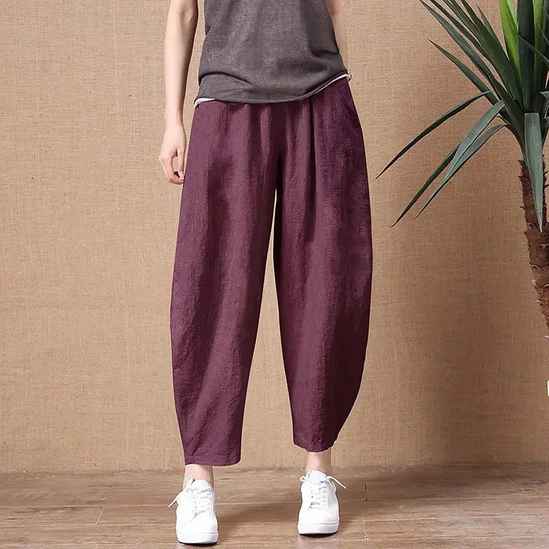 Oversize Pants Summer Thin Nine Points Loose Korean Fashion Womens Clothing Cotton Linen Middle Waist All-match Womens Pants 250320