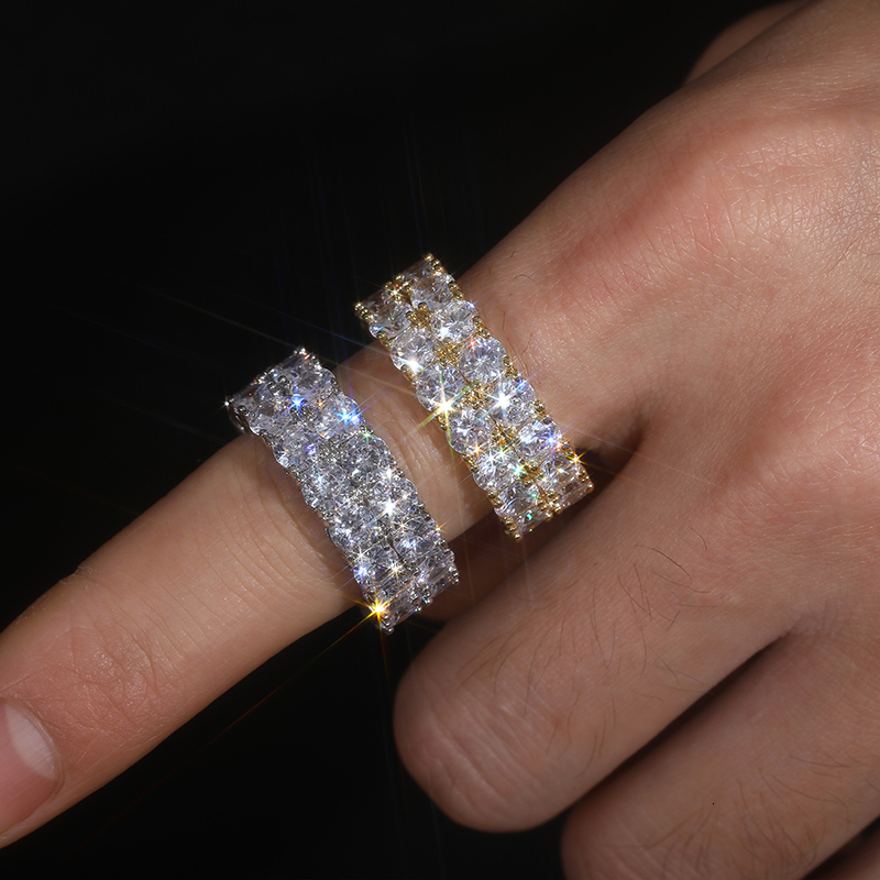 Top Quality 2 Rows 5mm 0.5ct Moissanite Rings Men Hip Hop Jewelry 100% Sterling Silver 925 Bling Gold Plated 18K Ring Gift