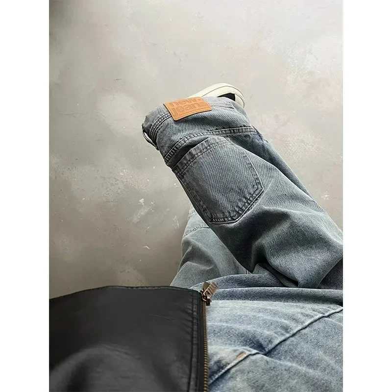 American style High Street Upside Down Design Sensitivity jeans European American hip-hop streetwear mens straight pantsT250319