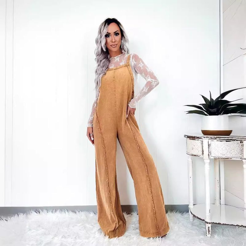 Womens Clothing Spring New Loose Overalls Women Retro Washed Raw Edge Wide Leg Jumpsuit