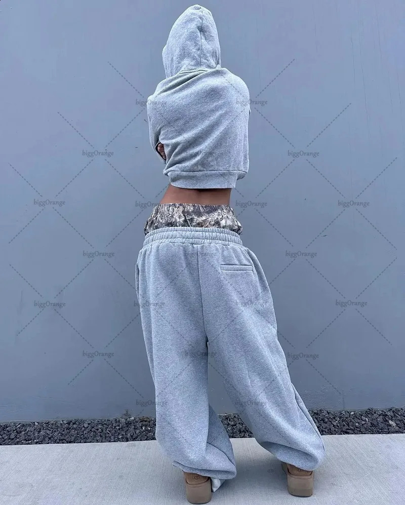 trend clothing Y2K Harajuku camouflage splicing twopiece set mens hiphop casual straight sports pants womens 250317