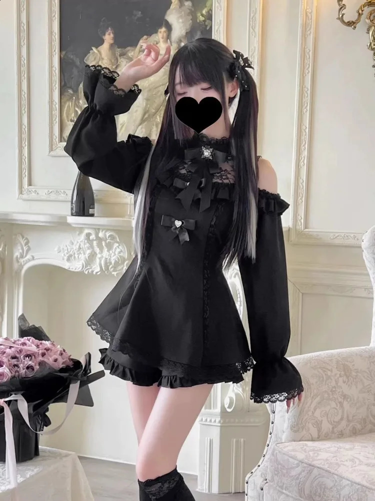 Bow applique slim fit long sleeved womens clothinghigh waisted pleated shorts early autumn two-piece set 250318