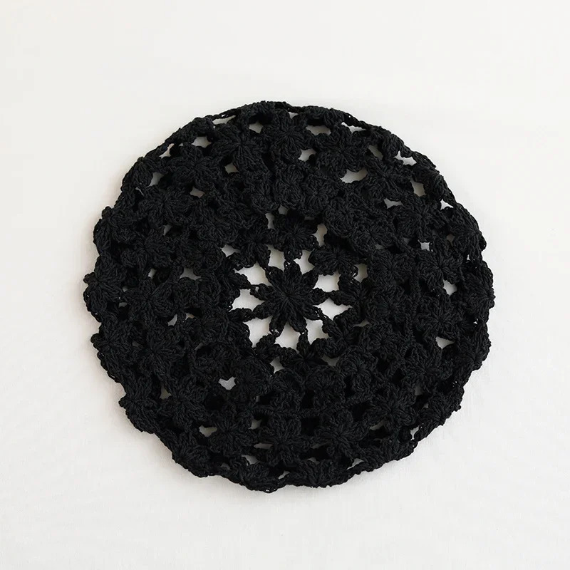 Red Knitted Hollow Handmade Crochet Beret Women Spring Autumn Thin Big Head Showing Face Small Versatile Painter Hat 250320