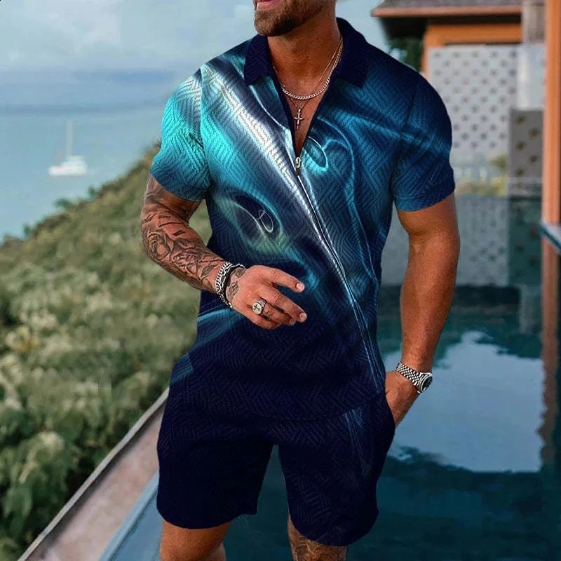 Solid Color Gradient Print Men Sweatsuit Set Summer Casual Zipper Polo Shirt And Shorts 2pcs Sets Fashion Man Pullover Clothing 250318