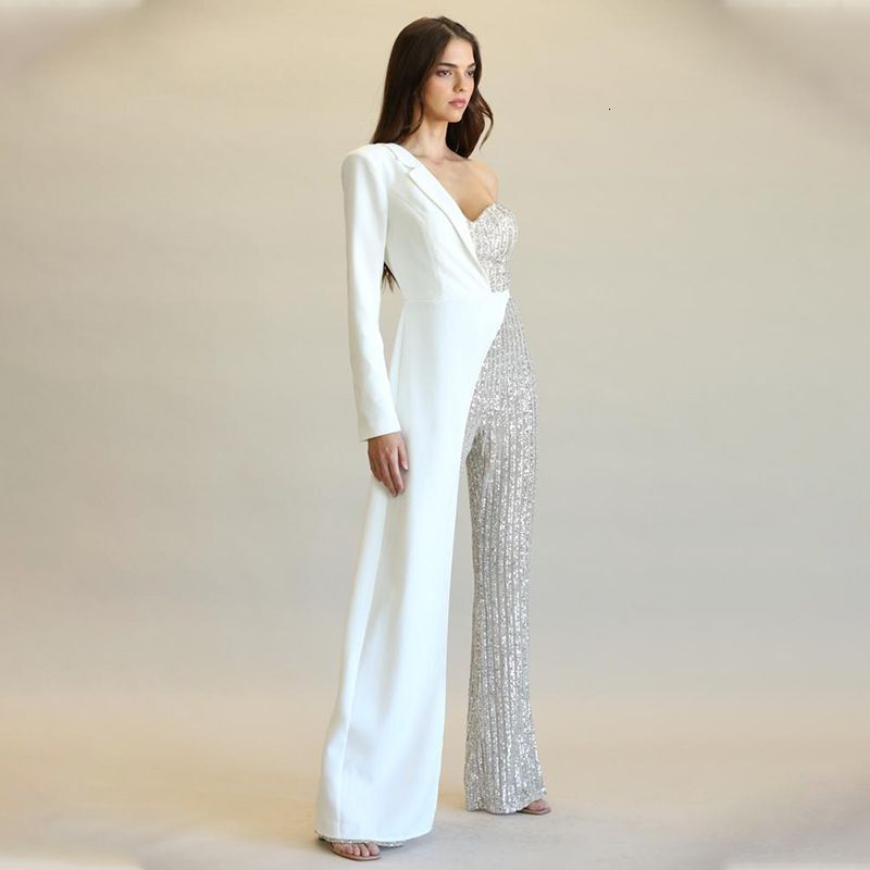 Women's Clothing New Women's Sier Spliced Sequined One Shoulder Fashion Sequined Jumpsuit