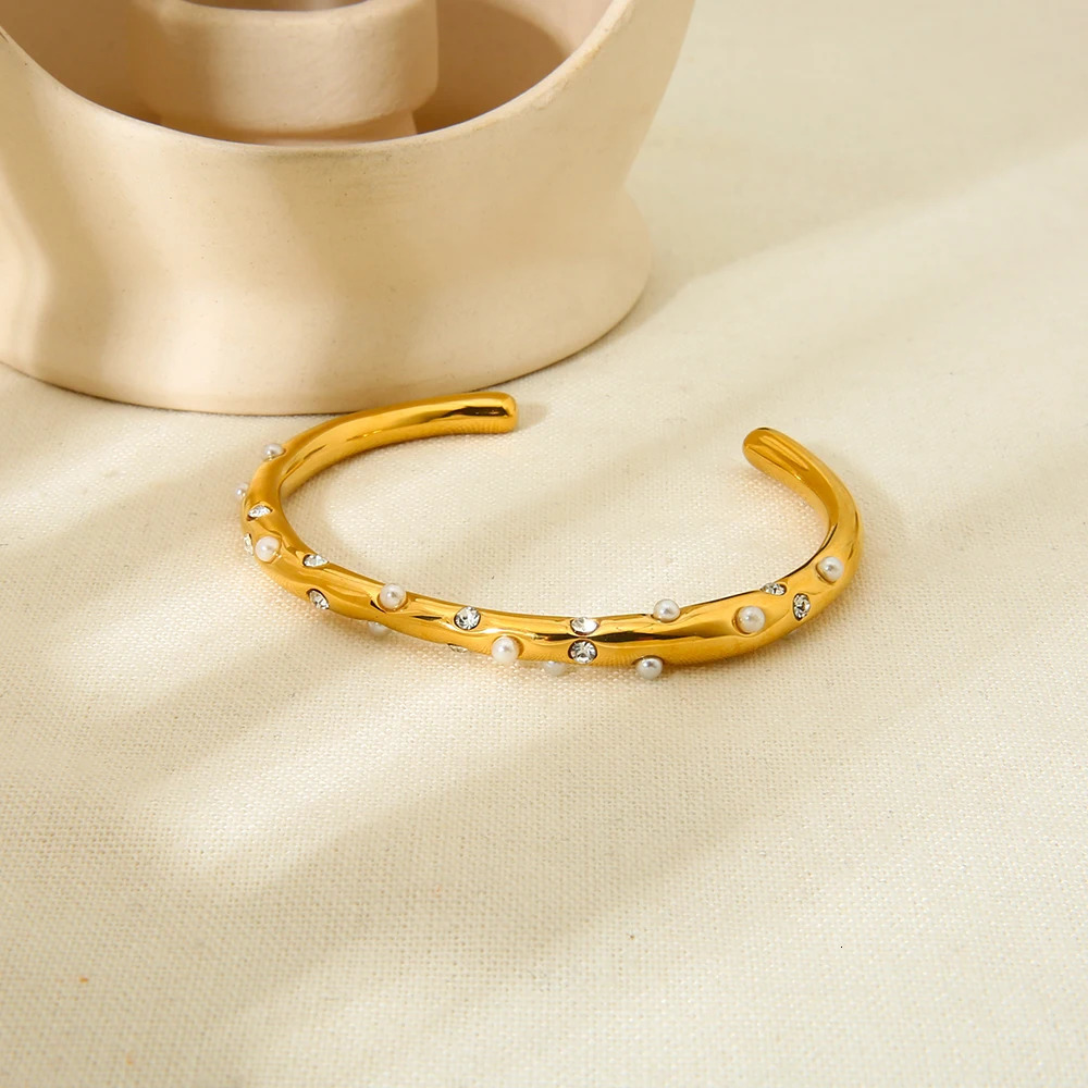 Vintage 18K Gold Plated Stainless Steel Cuff Bracelets Irregular Pearl Stone Opening n Bangle for Party Gift 250320