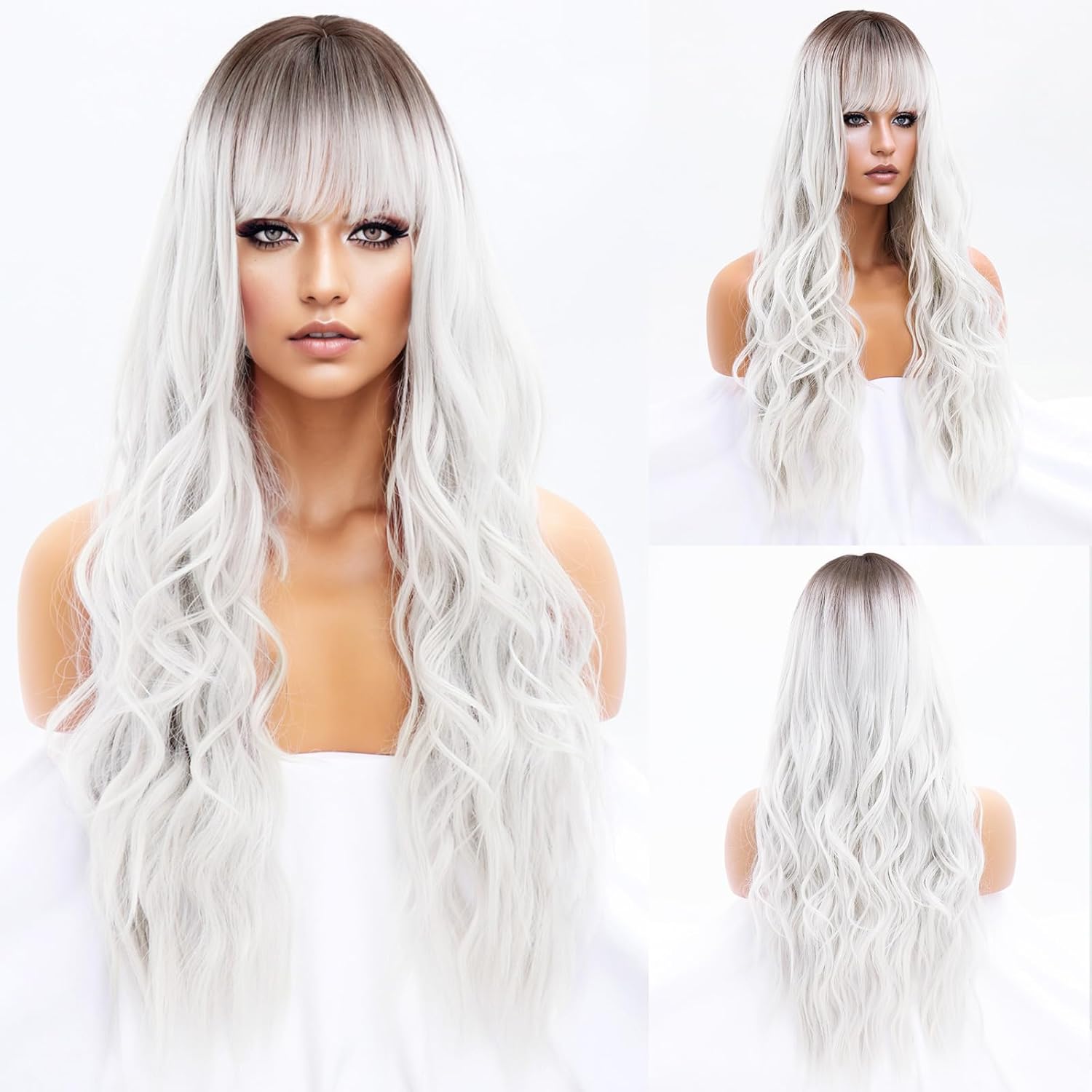 Long Sand Blonde Wig with Bangs Long Dirty Blonde Wavy Hair Wig for Women Wig Curly Synthetic Wigs for Girls Daily Party Use