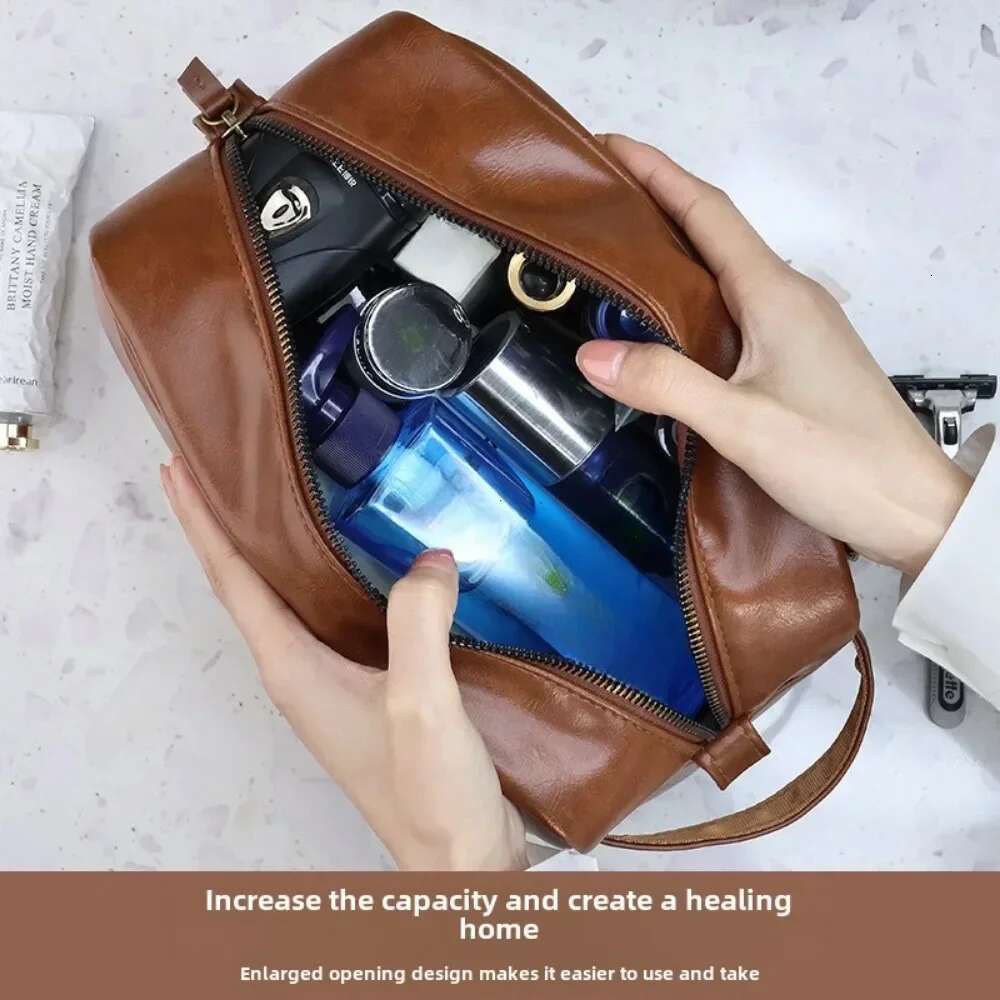 Men Business Travel Wash Toiletry Waterproof PU Leather Bathroom Shaving Tools Organizer Women Makeup Pouch Cosmetic Bag