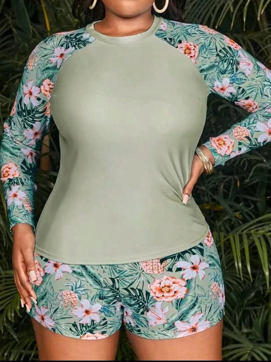 2023 Tropical Long Sleeve Swimsuit Women Plus Large Size Swimwear Female Bathers Bathing Swimming Swim Suit Beachwear 4XL 250319