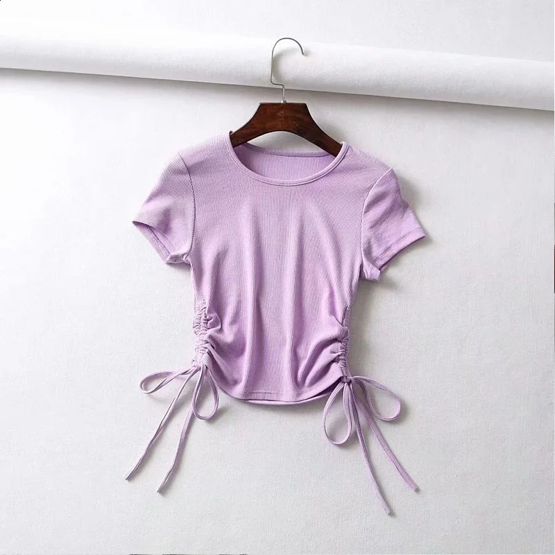 Sexy side brushed lace up pleated vest for women solid color slim crop top womens streetwear ribbed knit Tshirt 250319