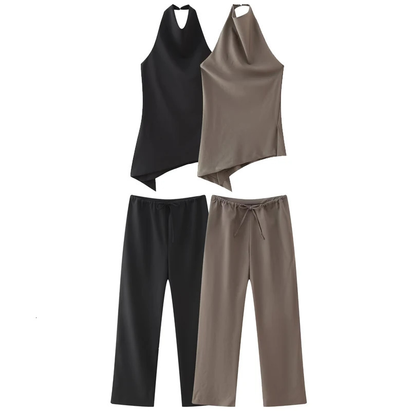 HXAO Sets For Women 2 Pieces Satin Pant Sets Matching Sets Autumn Asymmetric Crop Halter Top Lace-Up High Waist Trousers Set 250320