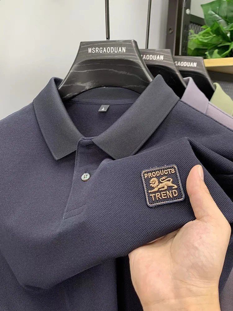 High quality ice silk mens short sleeved breathable polo shirt summer fashionable embroidered casual lapel T-shirt 250319