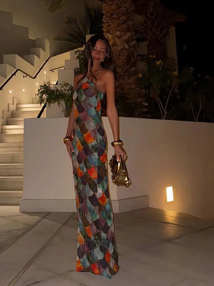Vintage Women Contrast Color Halter Long Dress Fashion Sleeveless Bodycon Printed Robe 2025 Chic Spring Lady Party Beach Dresses 250319