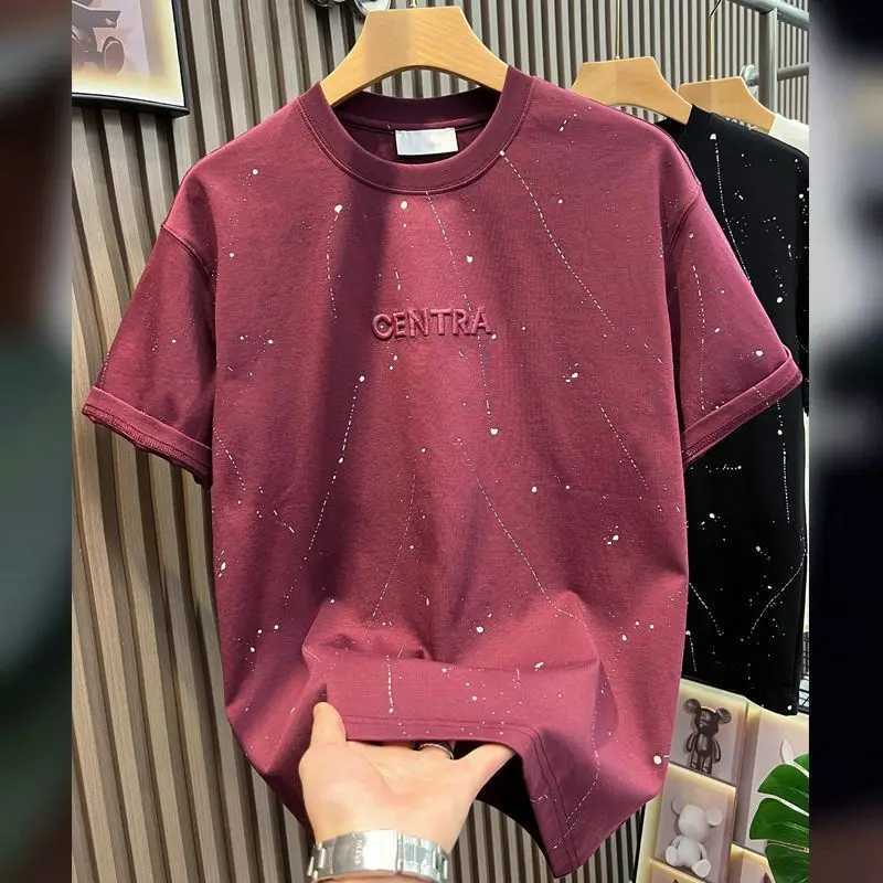 Fashion brand splash ink embroidered short sleeved T-shirt mens 2025 summer new fashion casual round neck half sleeved topT250319