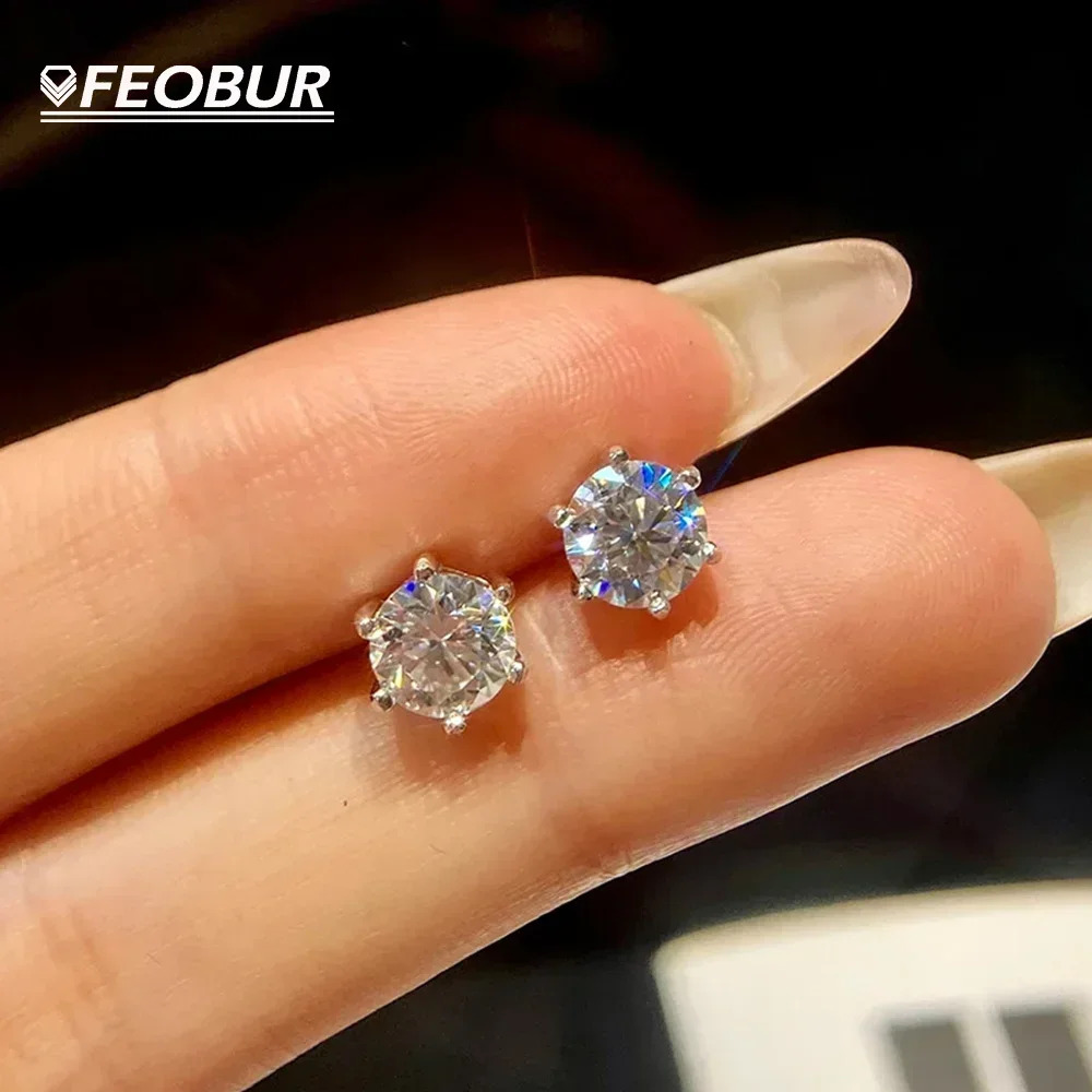 FEOBUR 1CT Round Cut Moissanite Stud Earrings for Women 925 Sterling Silver Brilliant Lab Created Diamond Classic Earring Man