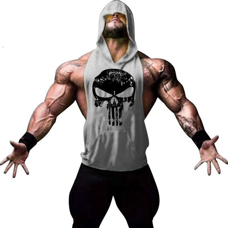 Men Bodybuilding Cotton Skulls Tank Top Gyms Fitness Hooded Vest Sleeveless Shirt Summer Casual Fashion Workout Clothing 250320