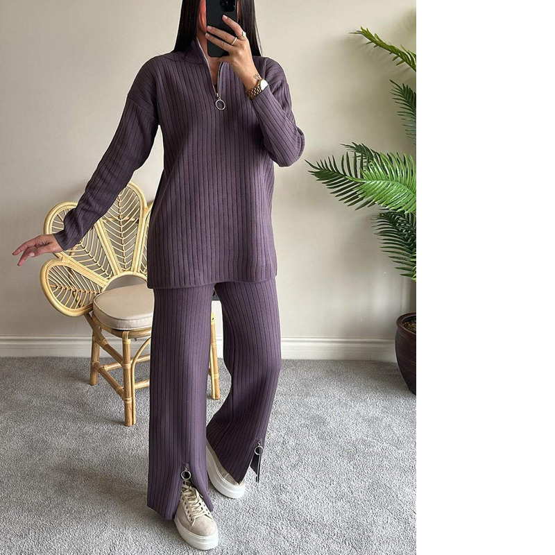 2025 Spring New Women's Solid Color Zipper Knitted High Collar Pit Strip Home Clothes Two Piece Set